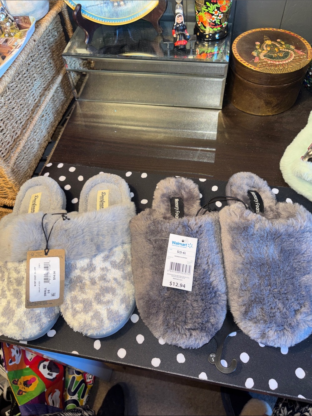 NWT DEARFOAMS AND FAux Fur Charcoal Gray open back slip on slippers size